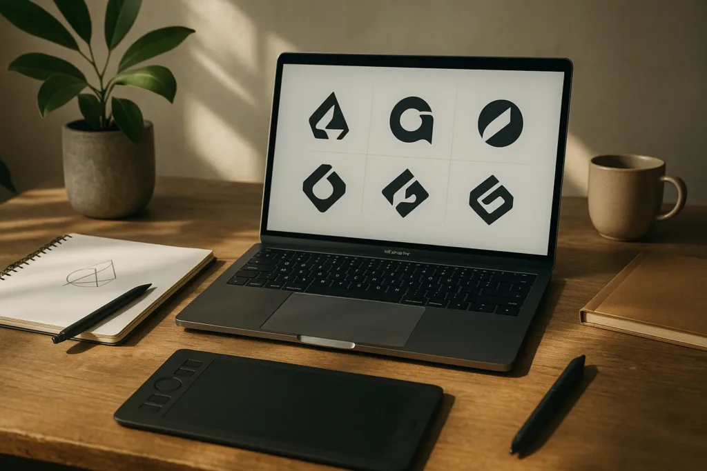 Mesa de design com notebook e tela exibindo esboços de logos gerados por IA