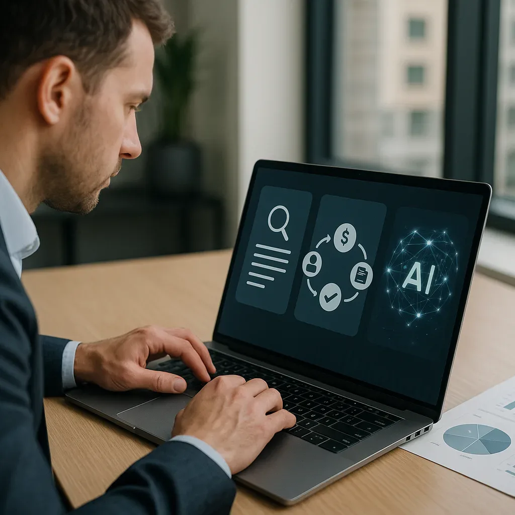 Profissional analisa renegociação de crédito com interface de IA em notebook