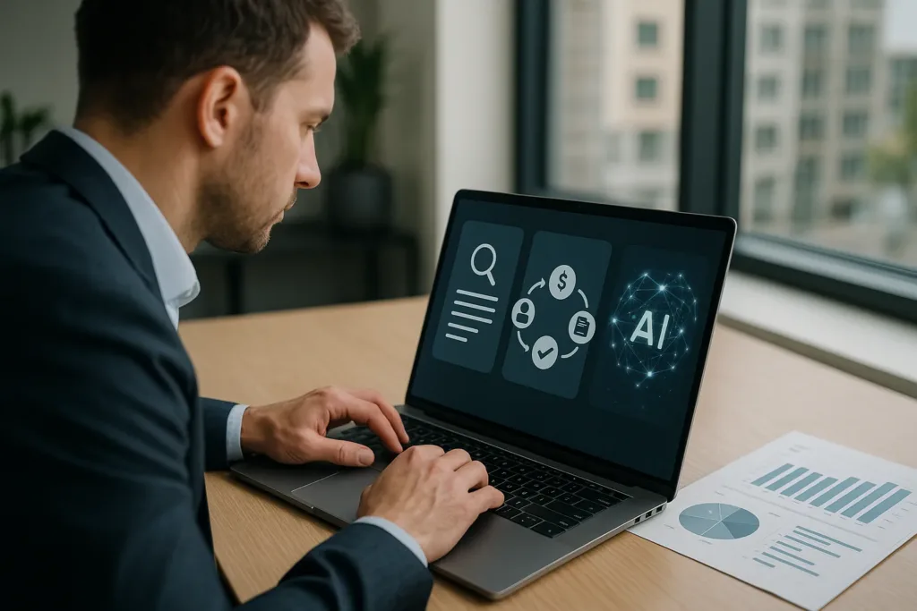 Profissional analisa renegociação de crédito com interface de IA em notebook