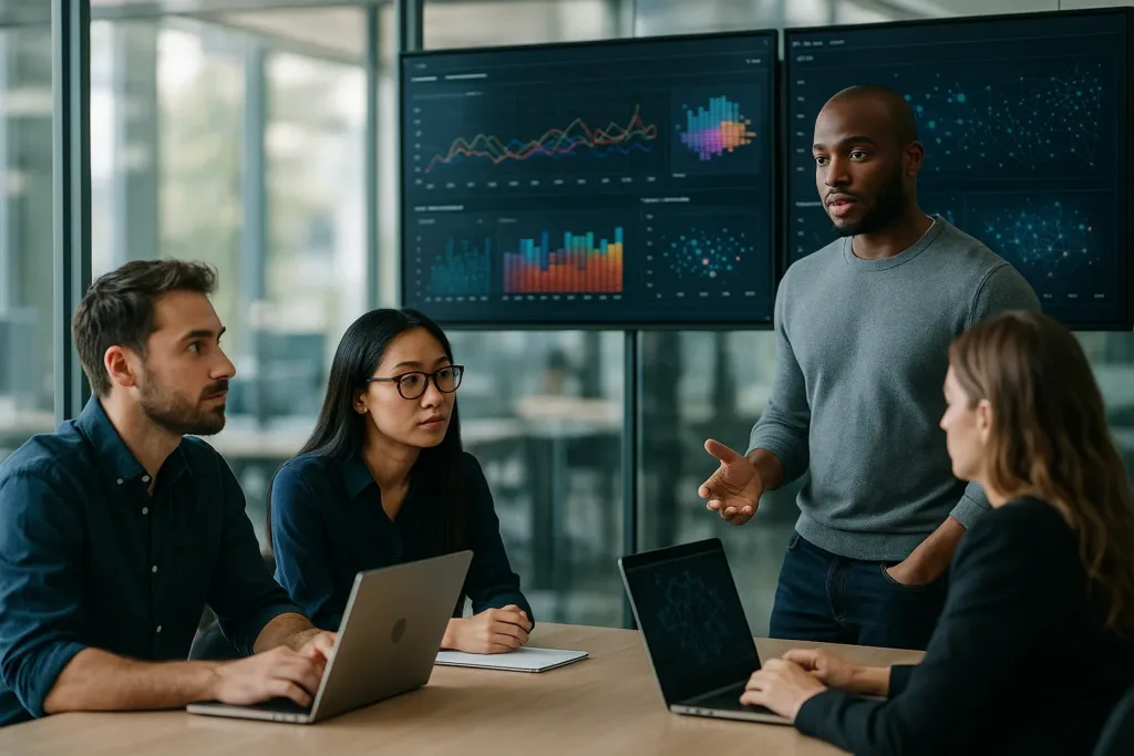Equipe analisando painéis de monitoramento de modelos em ambiente corporativo