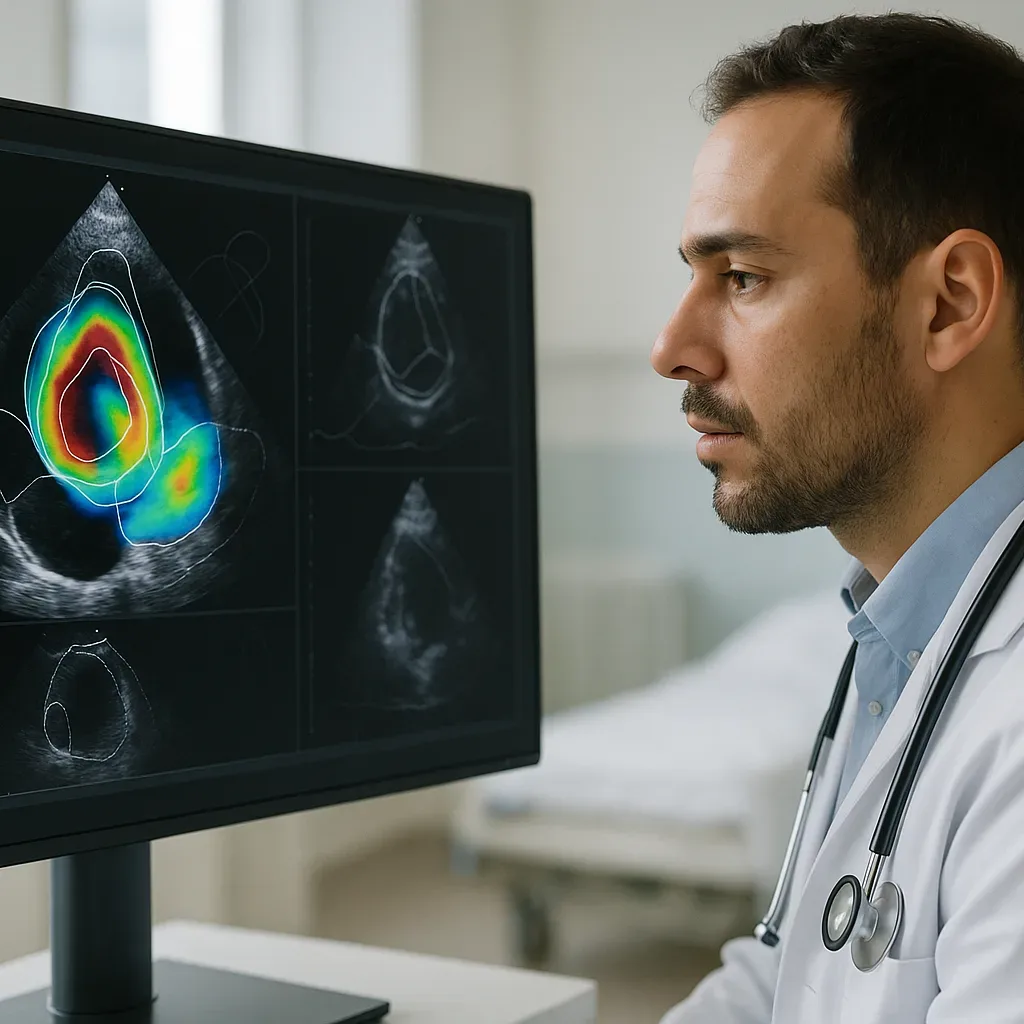 Cardiologista analisa ecocardiograma com sobreposição de IA em monitor