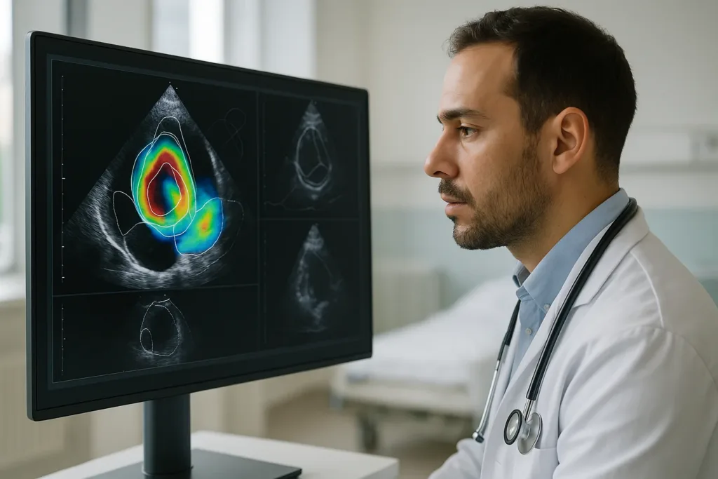 Cardiologista analisa ecocardiograma com sobreposição de IA em monitor