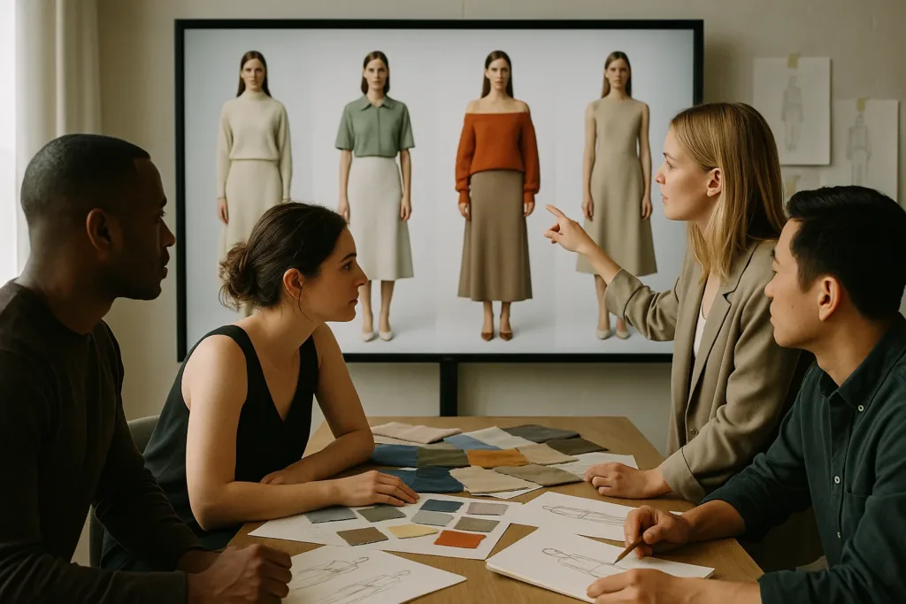 Equipe de moda analisando conceitos gerados por IA em estúdio editorial