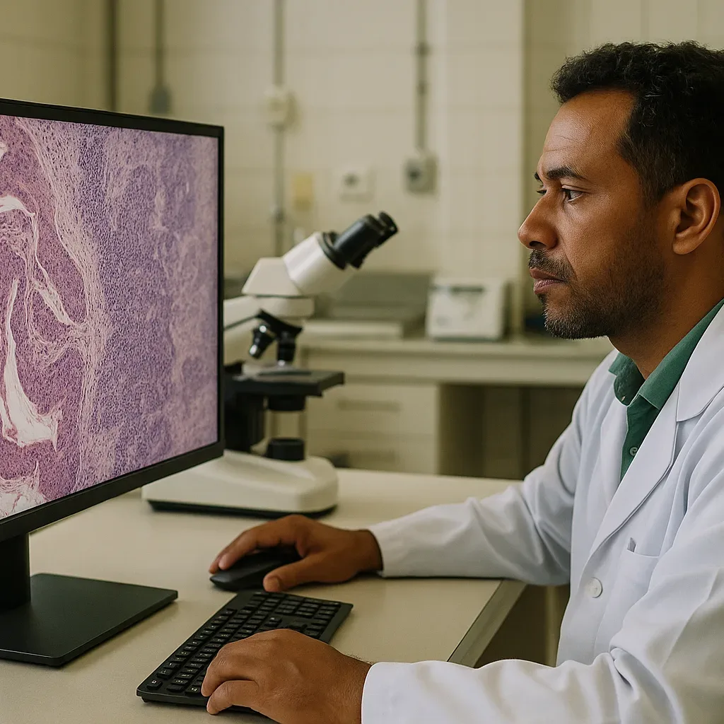 Patologista analisando lâmina histopatológica digital em hospital público brasileiro