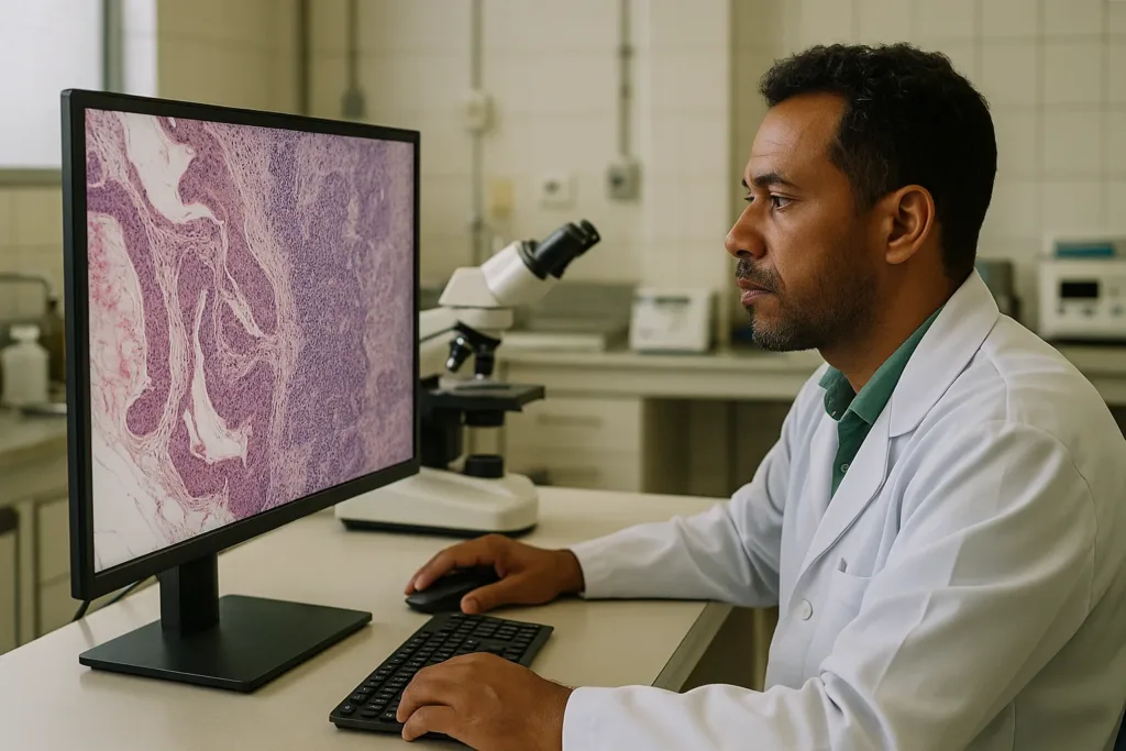 Patologista analisando lâmina histopatológica digital em hospital público brasileiro