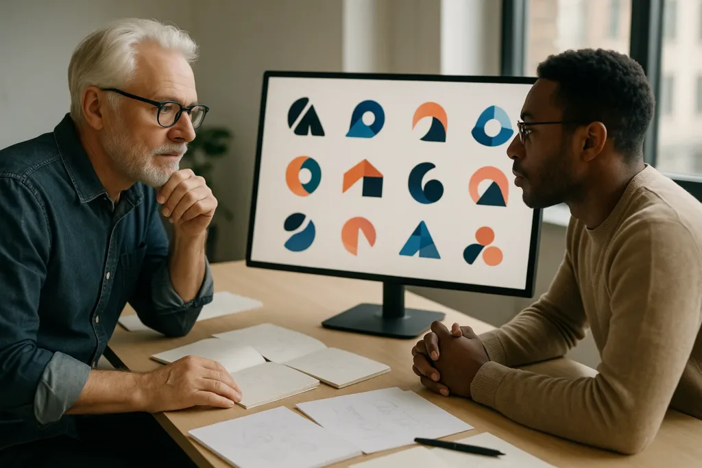 Designer e engenheiro analisam conceitos de logos em tela de estúdio