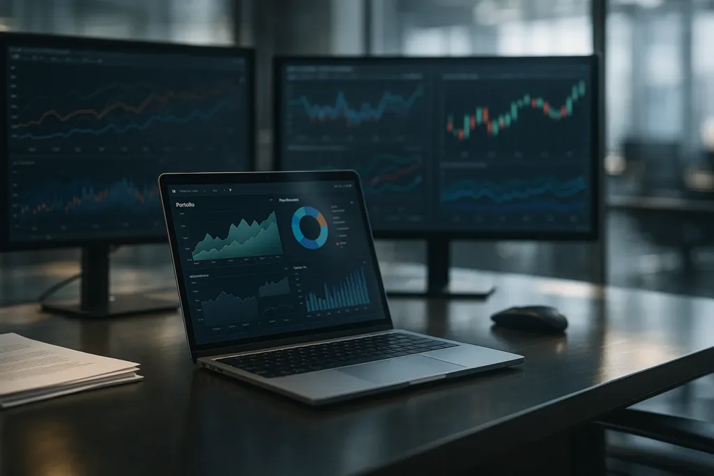 Analista acompanhando dashboard de carteira com gráficos e dados financeiros