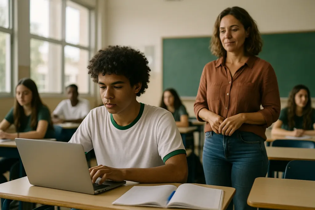 Aluno do ensino médio usando laptop com apoio de professor em sala de aula