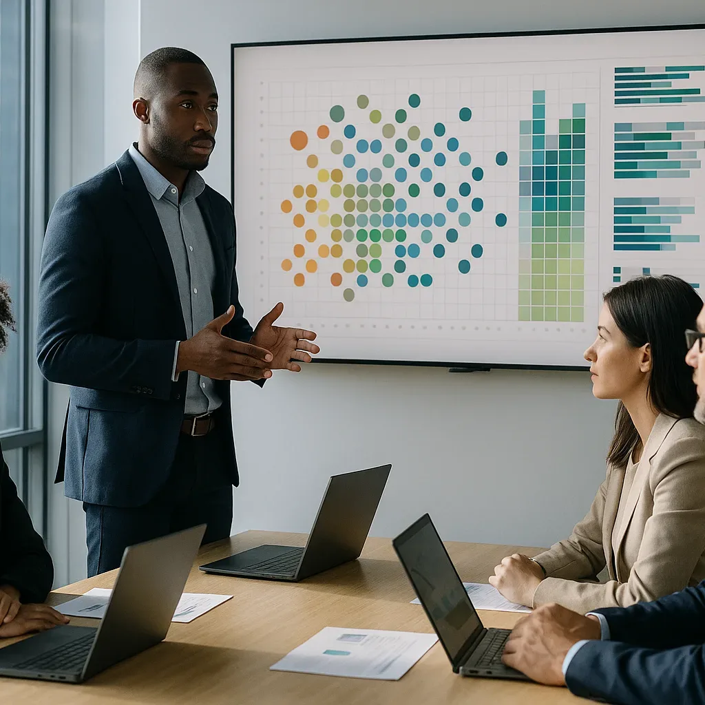 Equipe analisando matriz de skills em painel digital em sala corporativa
