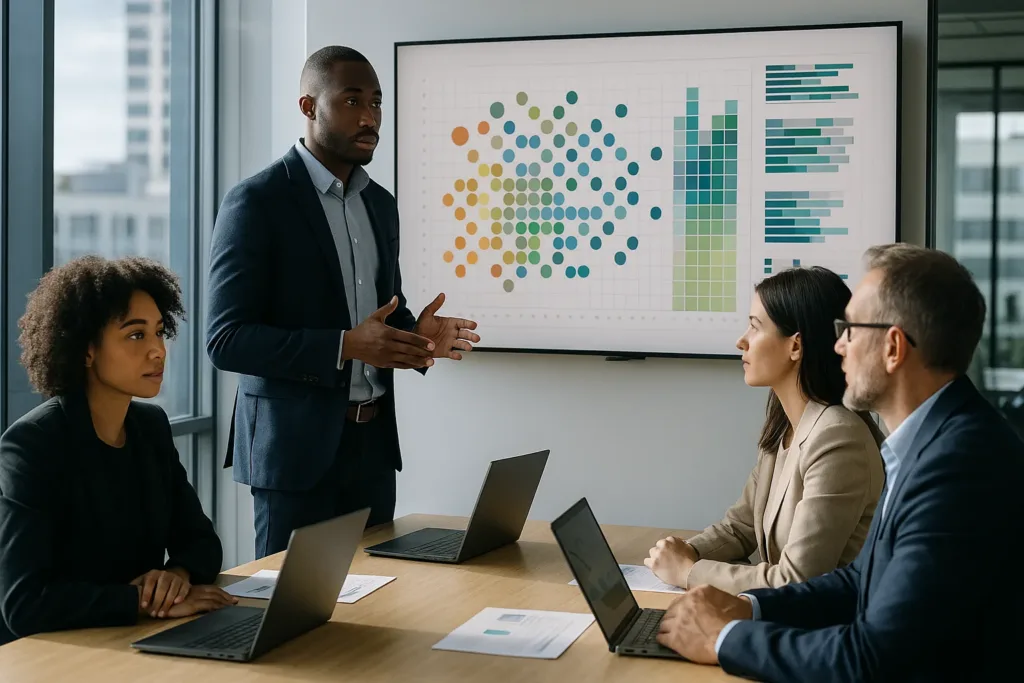 Equipe analisando matriz de skills em painel digital em sala corporativa