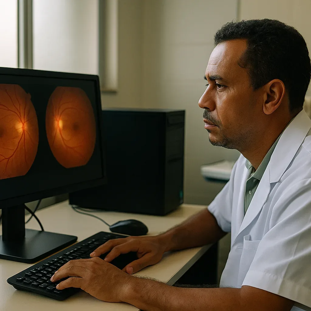 Médico analisa imagens de retina em clínica de teleoftalmologia no SUS