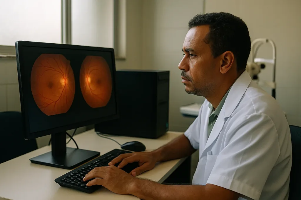 Médico analisa imagens de retina em clínica de teleoftalmologia no SUS