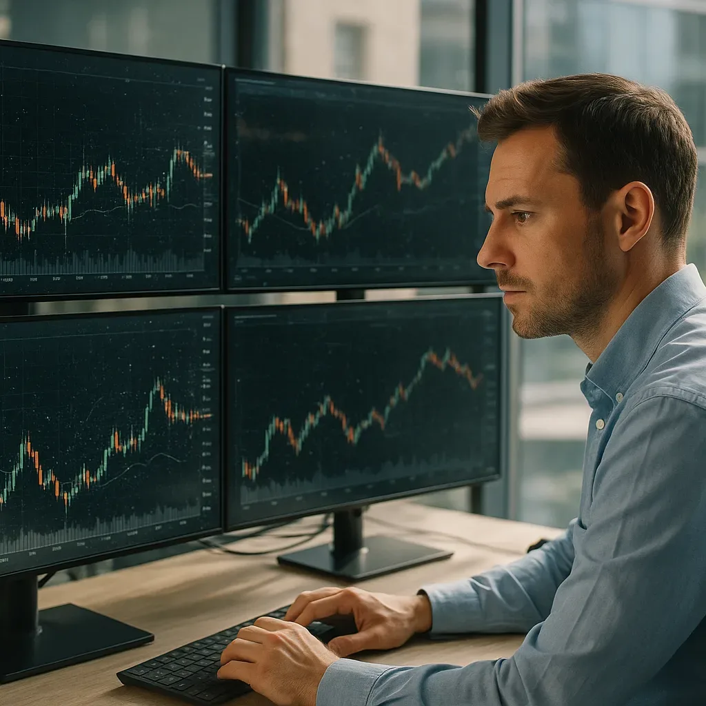 Analista financeiro avaliando gráficos de commodities com IA em monitores