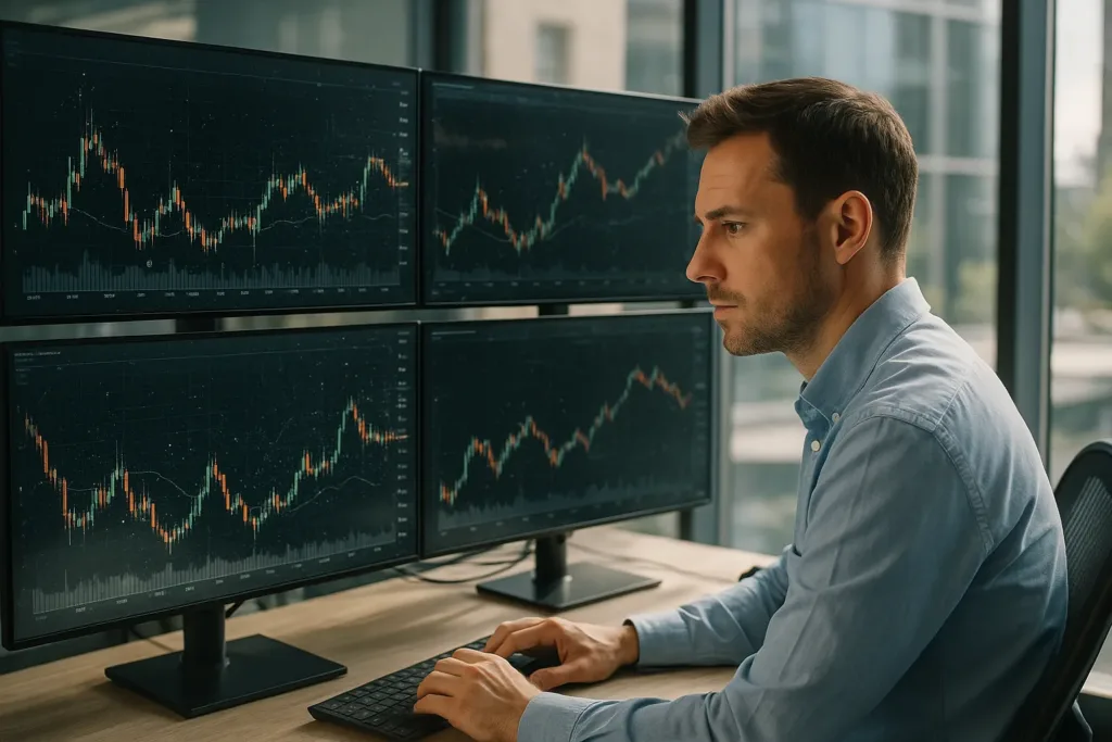 Analista financeiro avaliando gráficos de commodities com IA em monitores