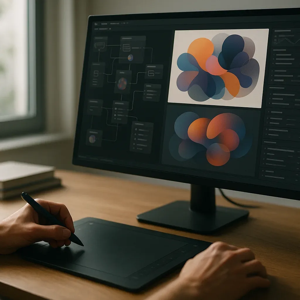 Mesa de ilustrador com tablet, monitor e fluxo de arte generativa