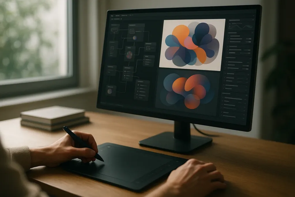 Mesa de ilustrador com tablet, monitor e fluxo de arte generativa