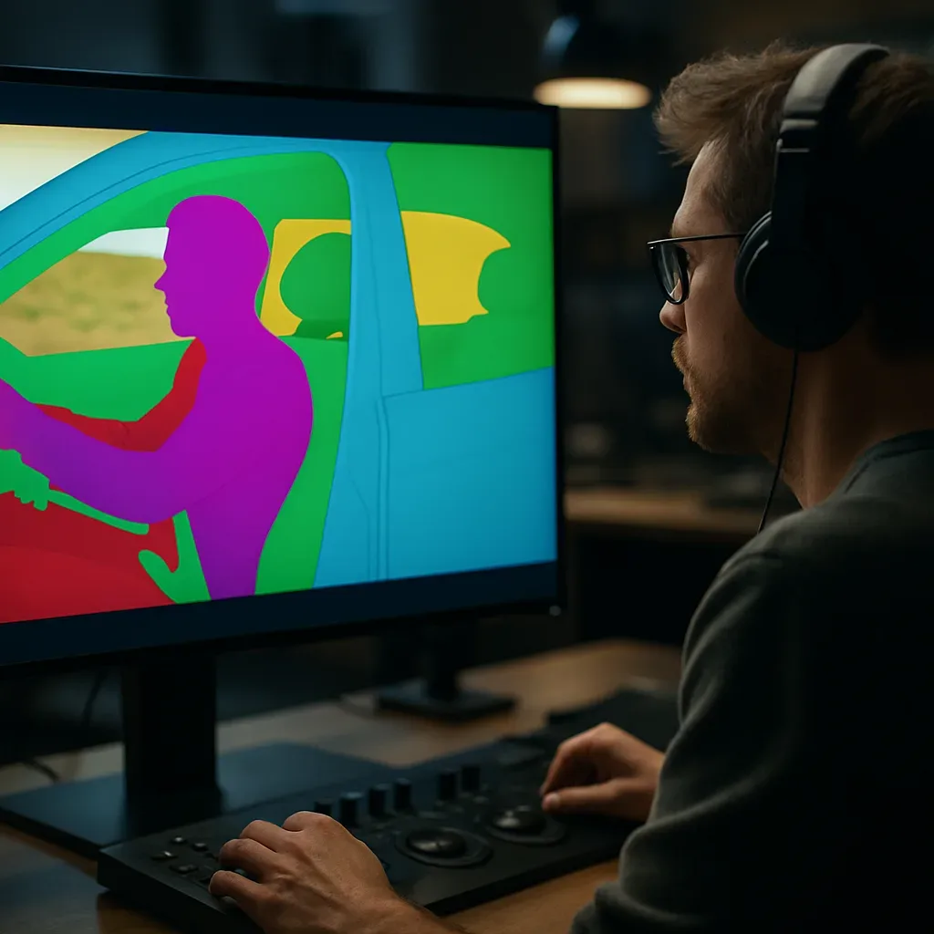 Artista de VFX analisando máscaras de segmentação em monitor