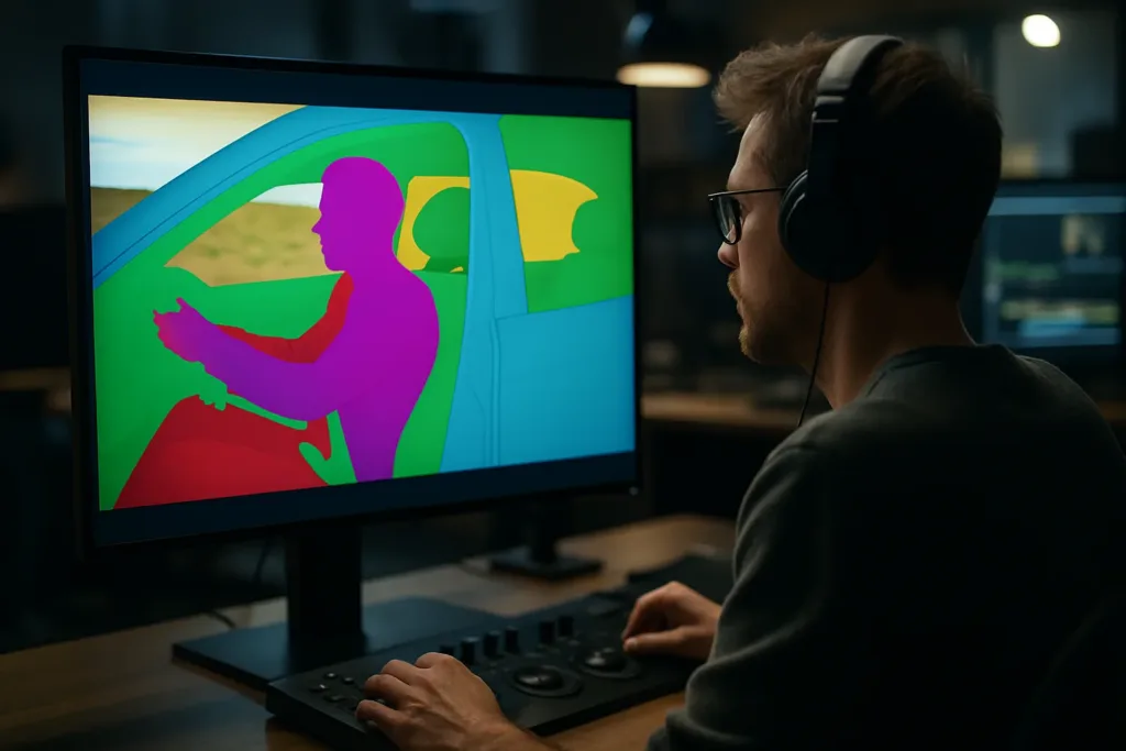 Artista de VFX analisando máscaras de segmentação em monitor
