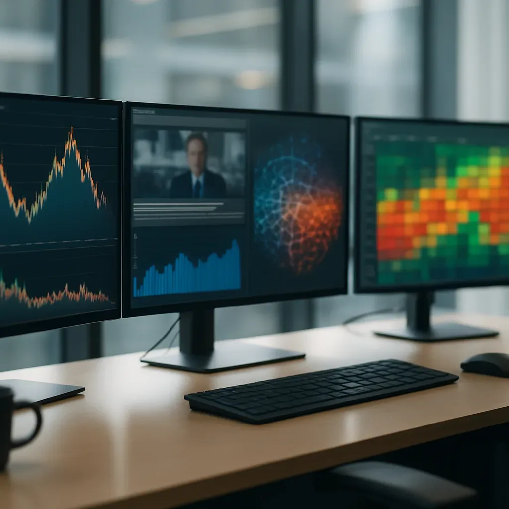 Analista observa telas com gráficos e sinais de sentimento financeiro