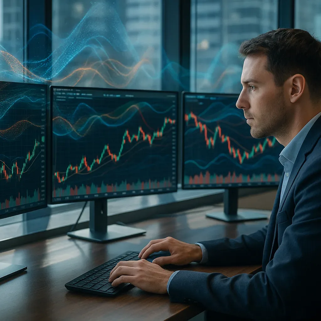 Analista de finanças avaliando gráficos e modelos de trading em monitores