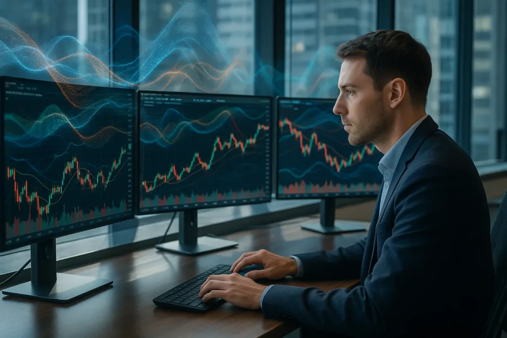 Analista de finanças avaliando gráficos e modelos de trading em monitores