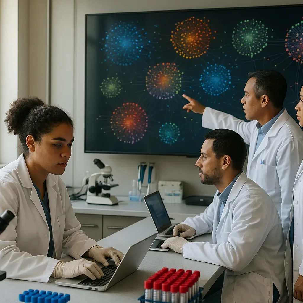 Laboratório brasileiro com cientistas analisando rastreamento genômico em tela