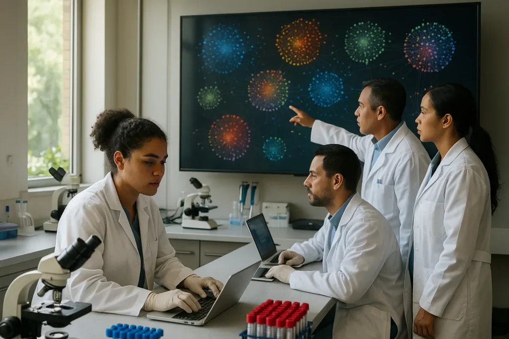 Laboratório brasileiro com cientistas analisando rastreamento genômico em tela