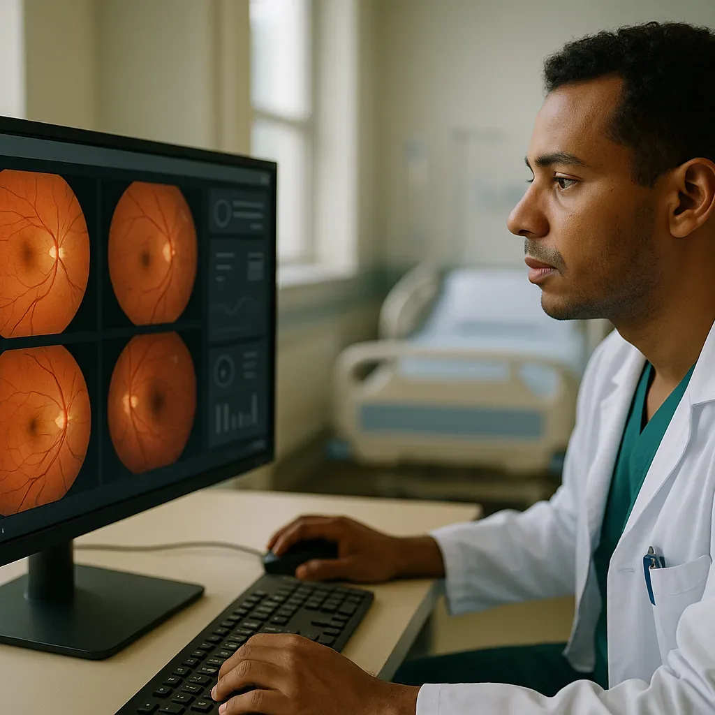Médico analisa imagens de retina em fluxo de teleoftalmologia no SUS