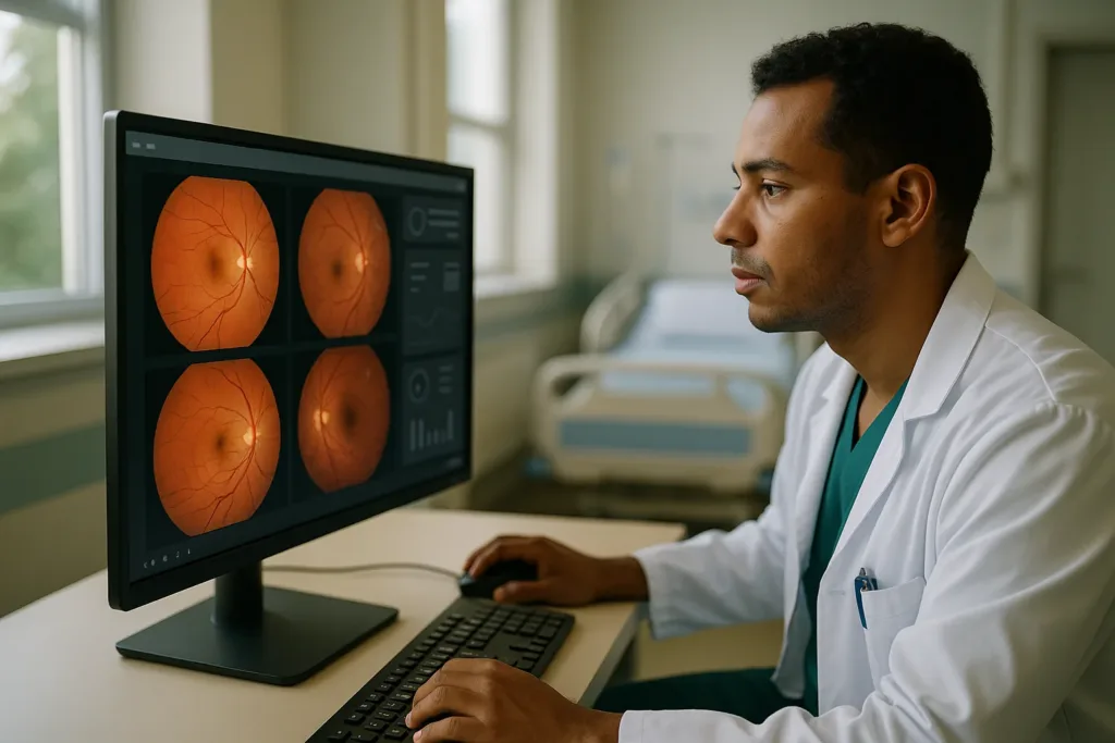 Médico analisa imagens de retina em fluxo de teleoftalmologia no SUS