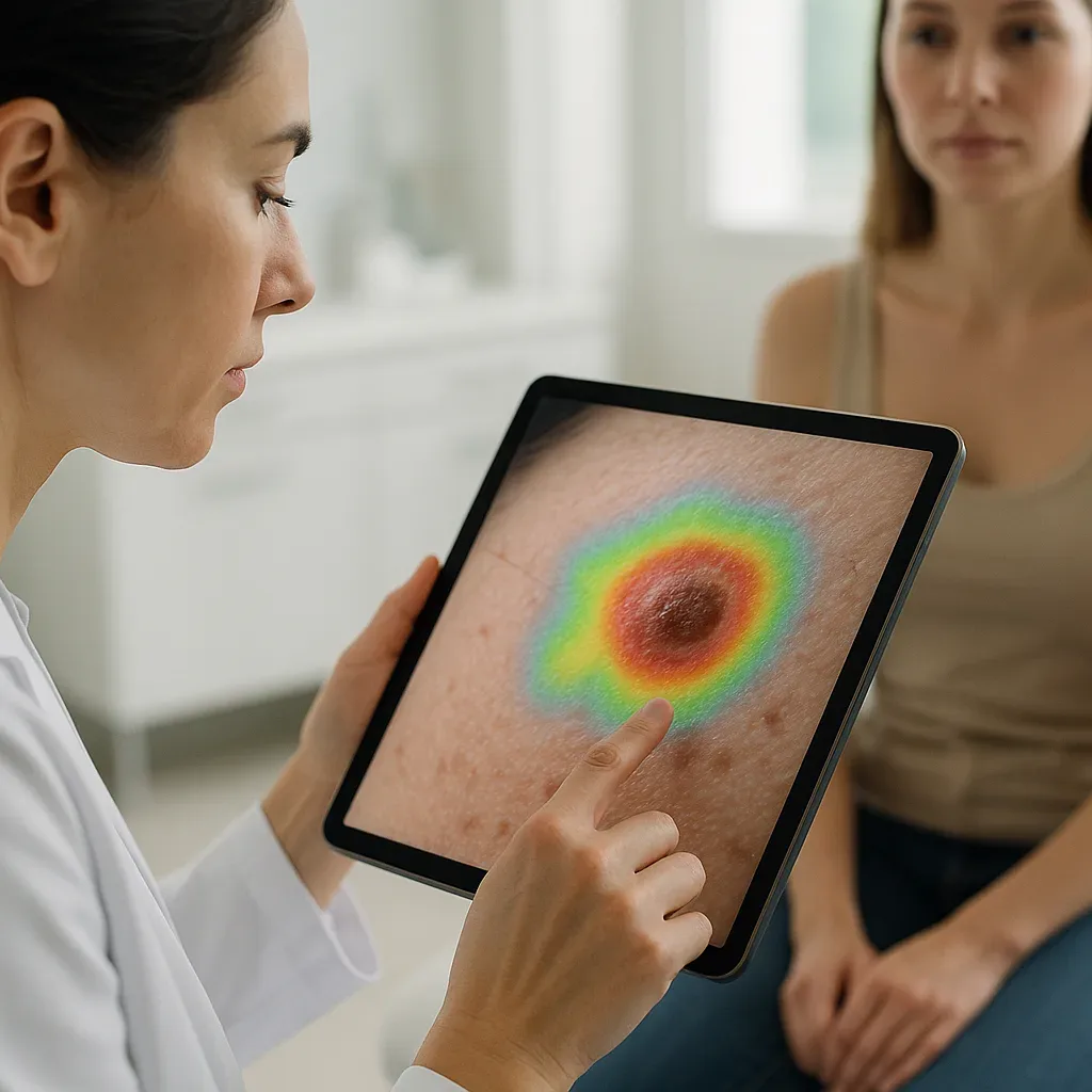 Dermatologista analisando imagem de acne com apoio de IA em tablet