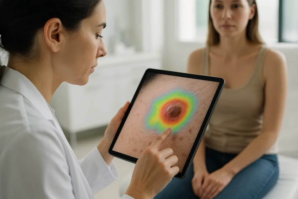 Dermatologista analisando imagem de acne com apoio de IA em tablet