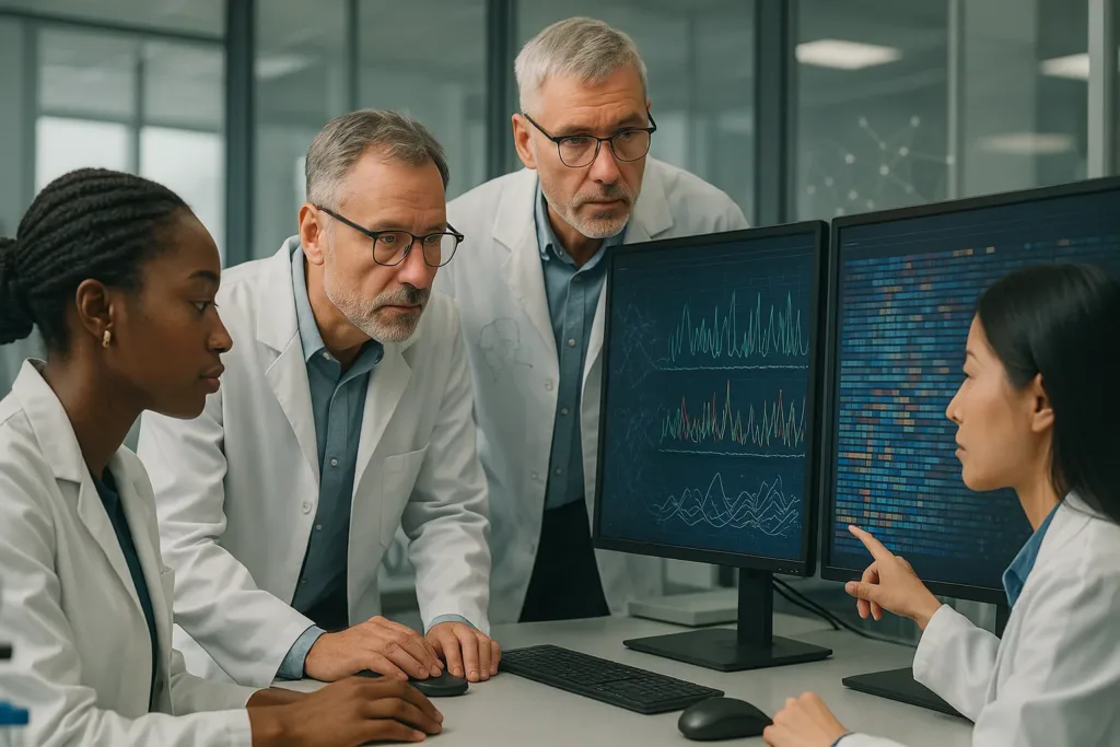 Cientistas analisam sequências genômicas em laboratório de epidemiologia