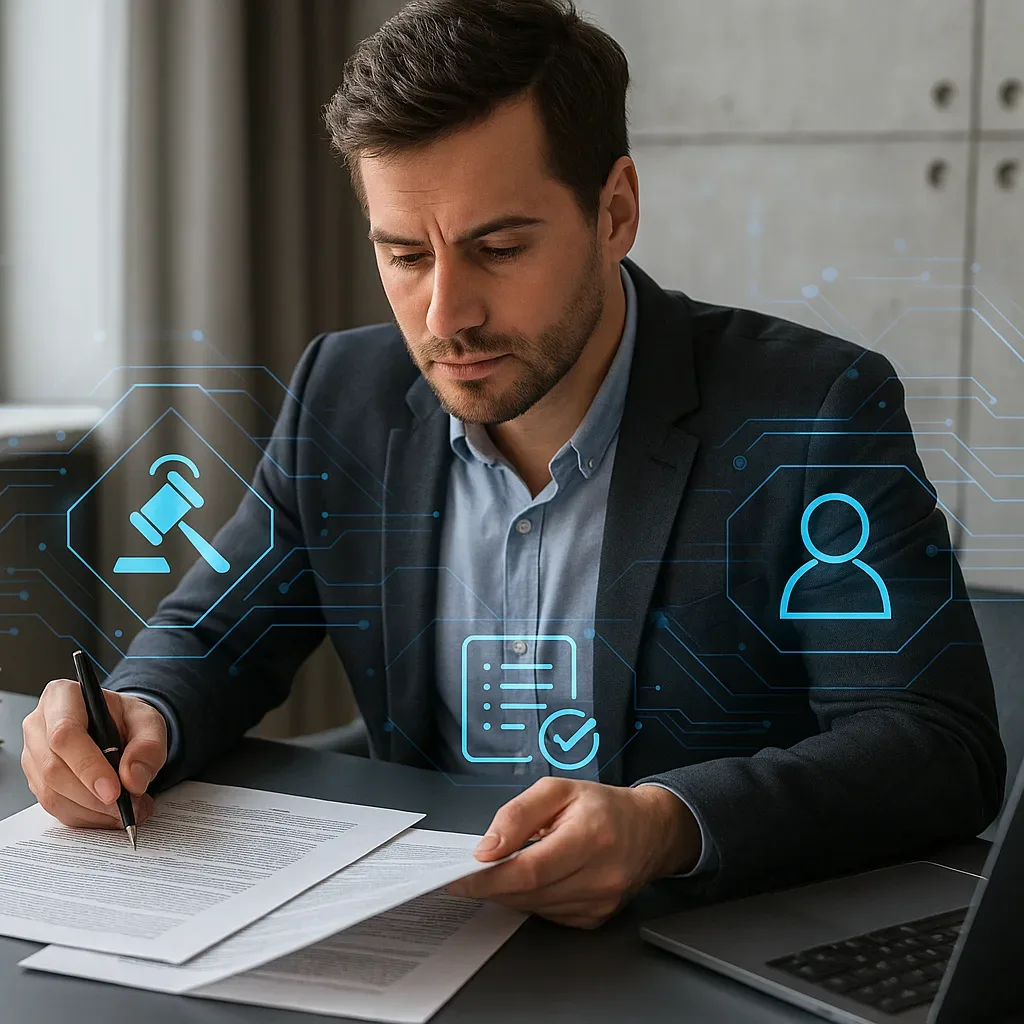 Analista revisando documentos de compliance com interface de IA ao fundo