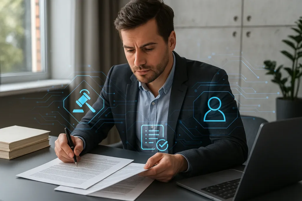 Analista revisando documentos de compliance com interface de IA ao fundo