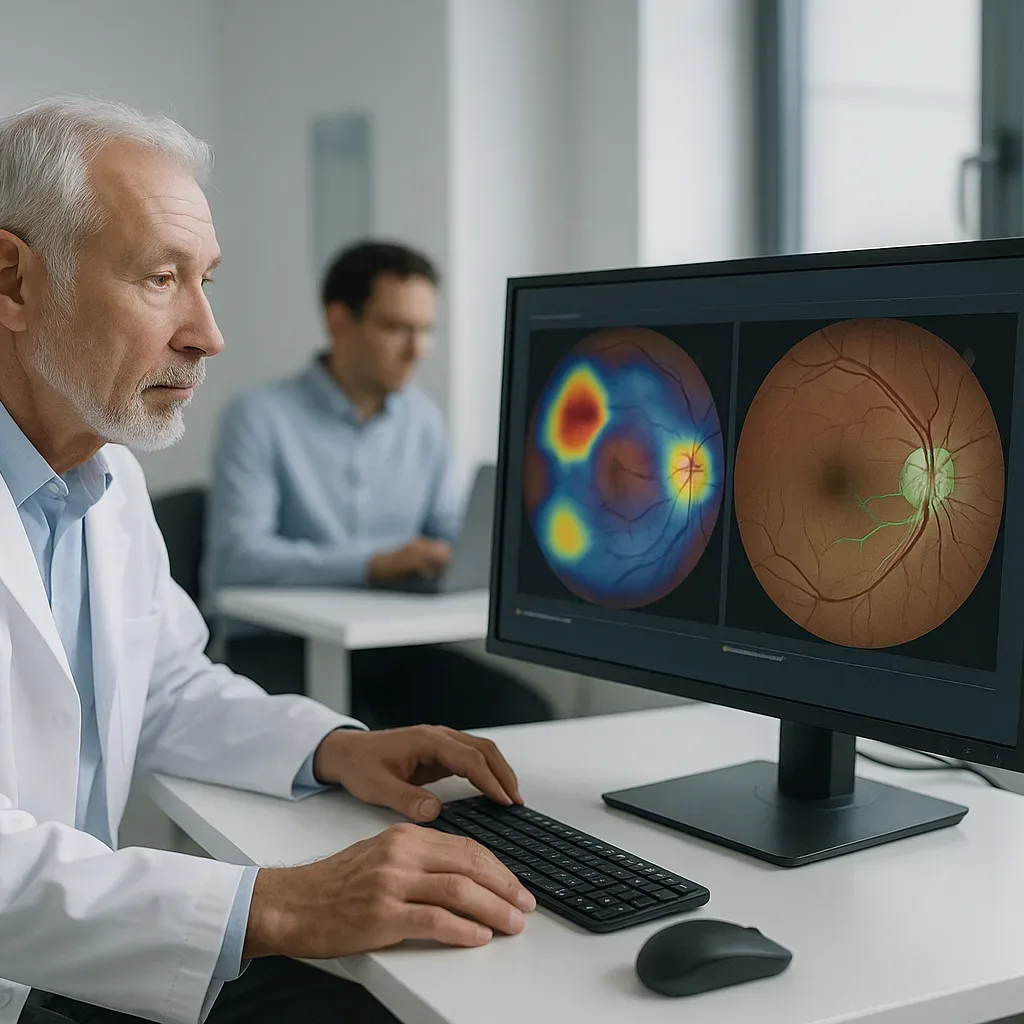 Oftalmologista analisa imagens de retina com apoio de IA em clínica moderna