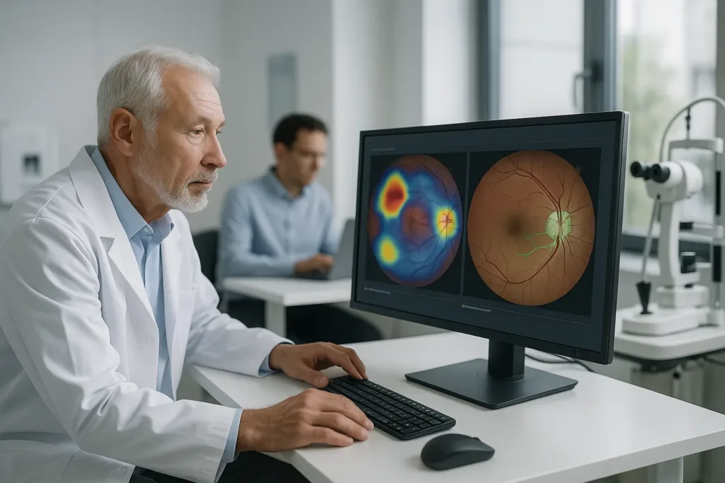 Oftalmologista analisa imagens de retina com apoio de IA em clínica moderna