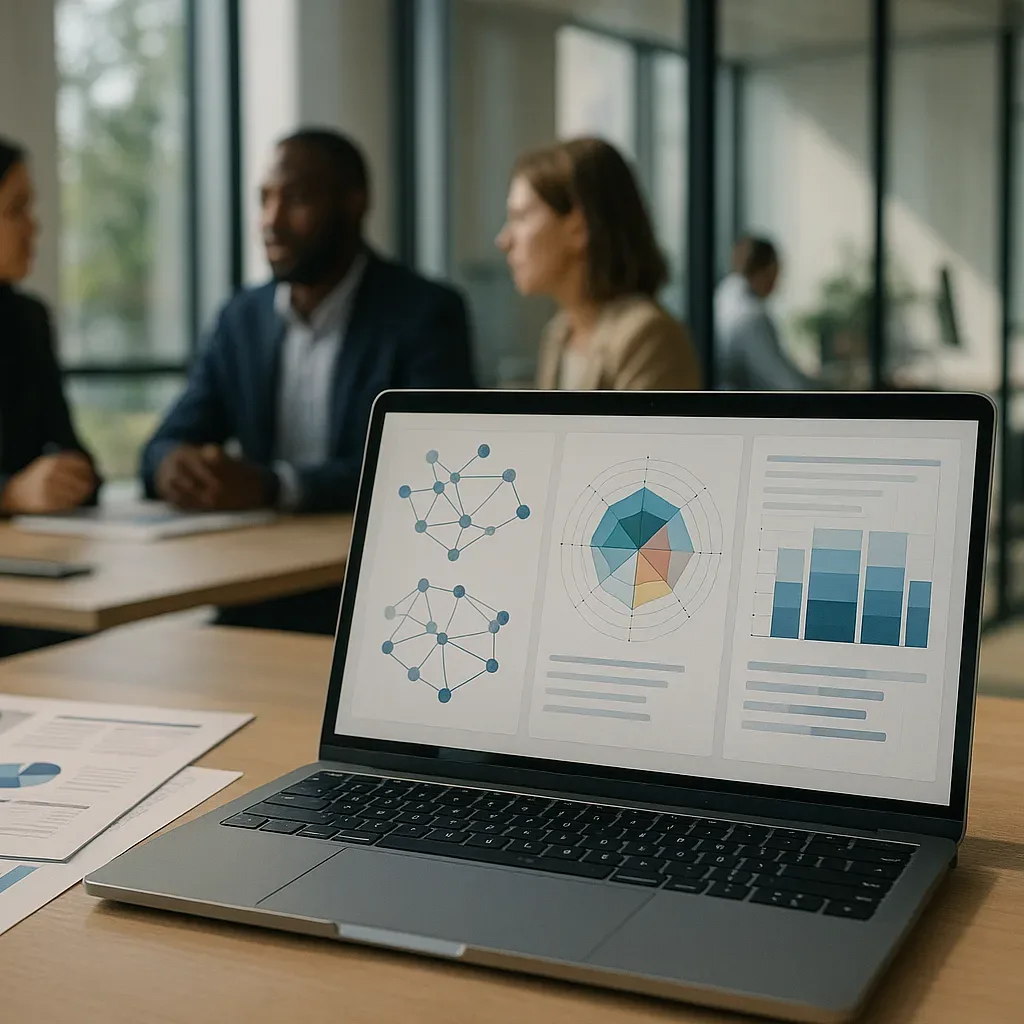 Equipe analisando perfis de talentos em uma tela com mapas de skills