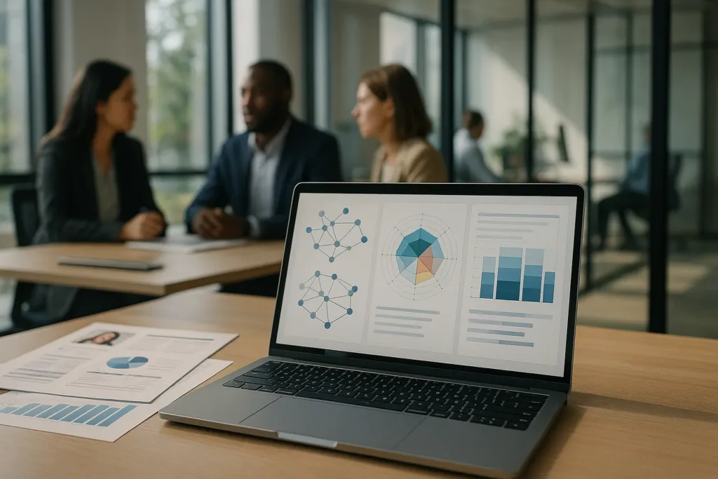 Equipe analisando perfis de talentos em uma tela com mapas de skills