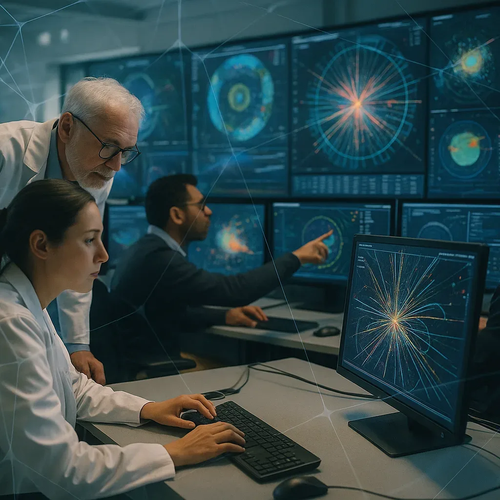 Pesquisadores analisam dados do CERN em telas com gráficos e redes neurais