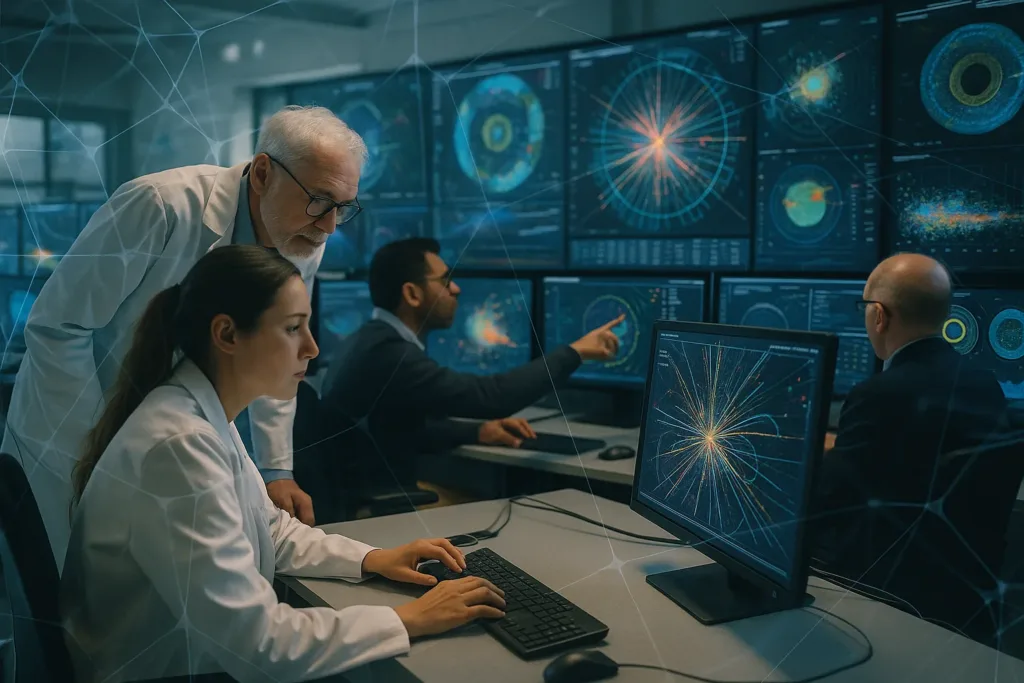 Pesquisadores analisam dados do CERN em telas com gráficos e redes neurais
