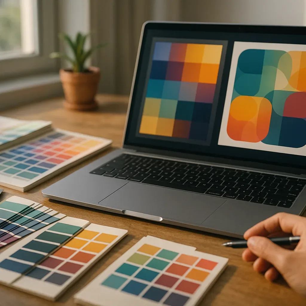 Mesa de design com amostras de cores e notebook em ambiente editorial