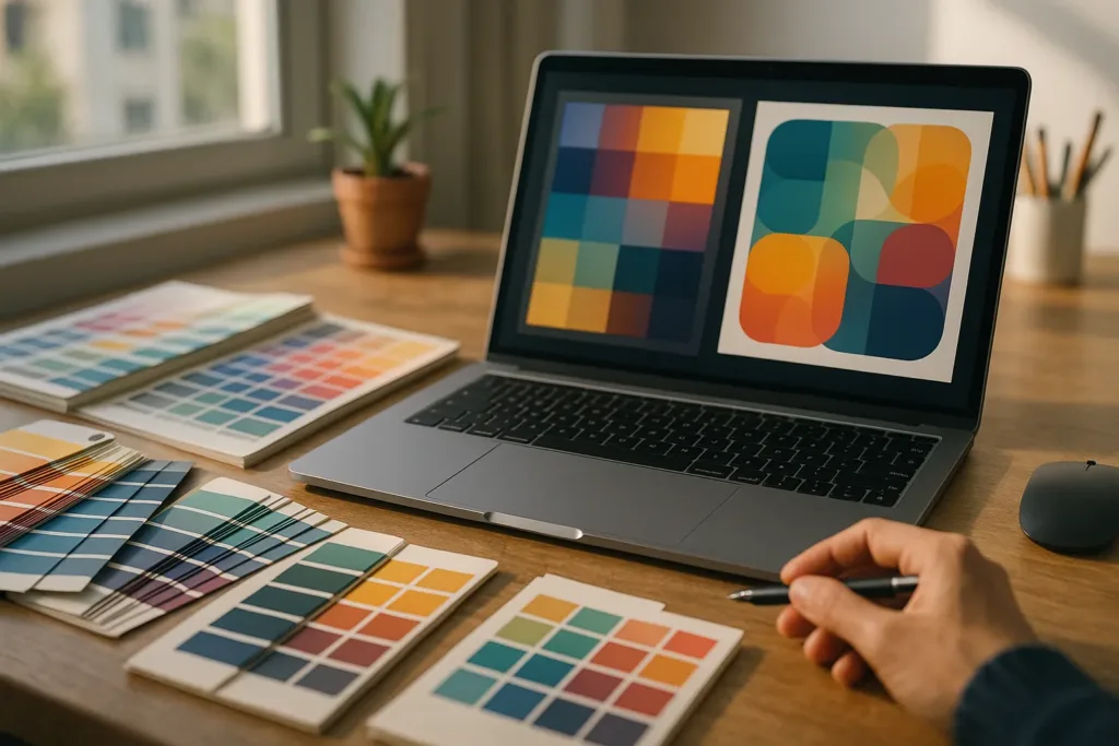 Mesa de design com amostras de cores e notebook em ambiente editorial