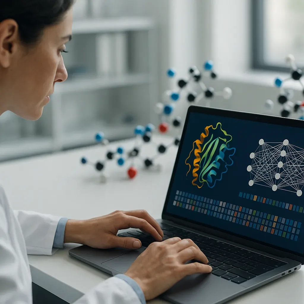 Pesquisador analisando sequência de proteínas e rede neural em laboratório
