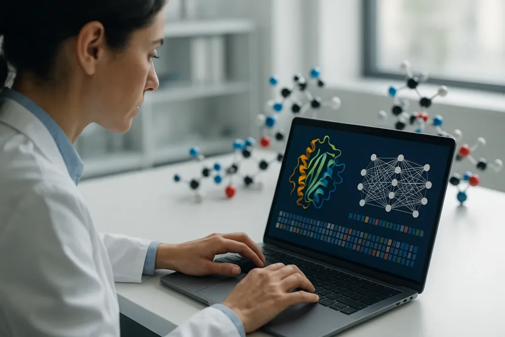 Pesquisador analisando sequência de proteínas e rede neural em laboratório