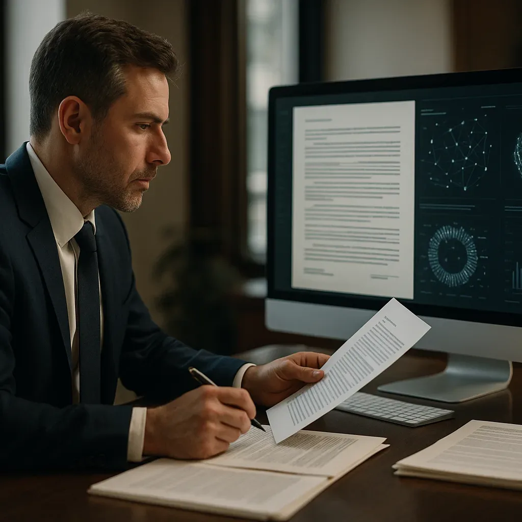 Advogado analisa contratos em tela com interface de IA em escritório moderno