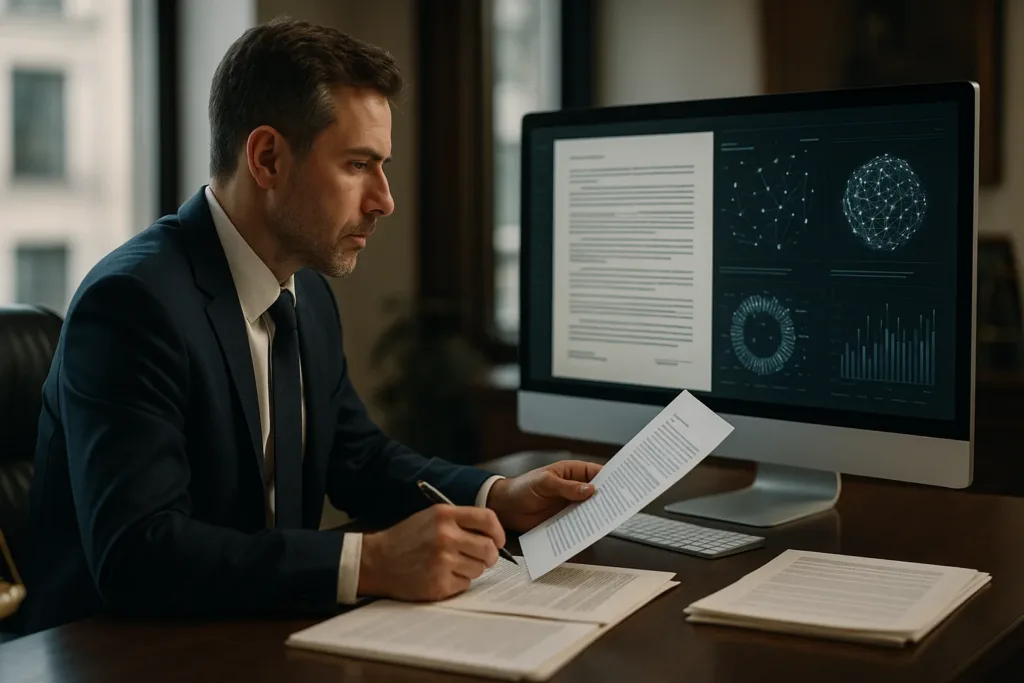 Advogado analisa contratos em tela com interface de IA em escritório moderno