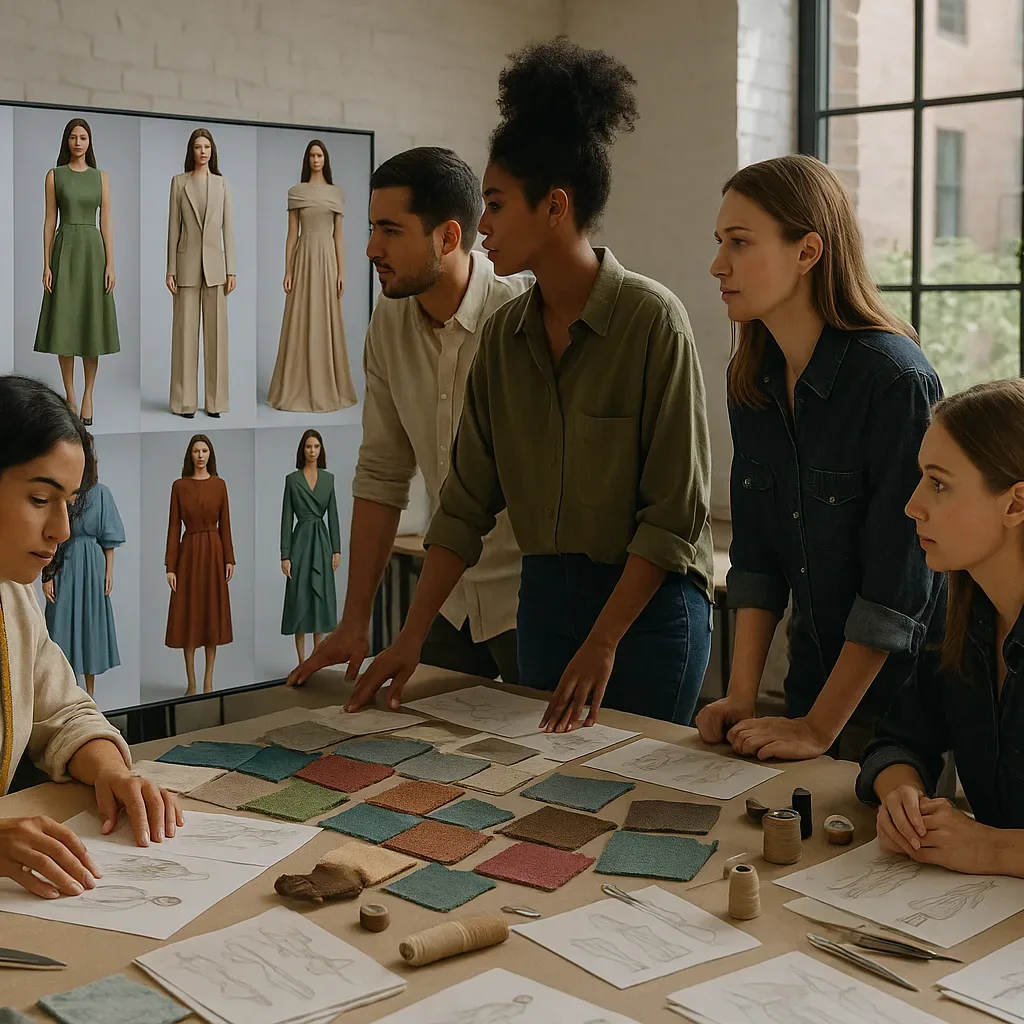 Estúdio de moda com equipe avaliando conceitos gerados por IA em telas