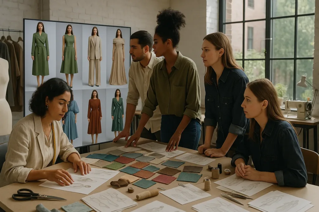 Estúdio de moda com equipe avaliando conceitos gerados por IA em telas