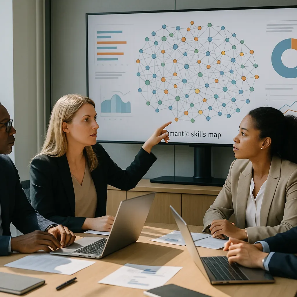 Equipe analisa mapa semântico de skills em tela corporativa