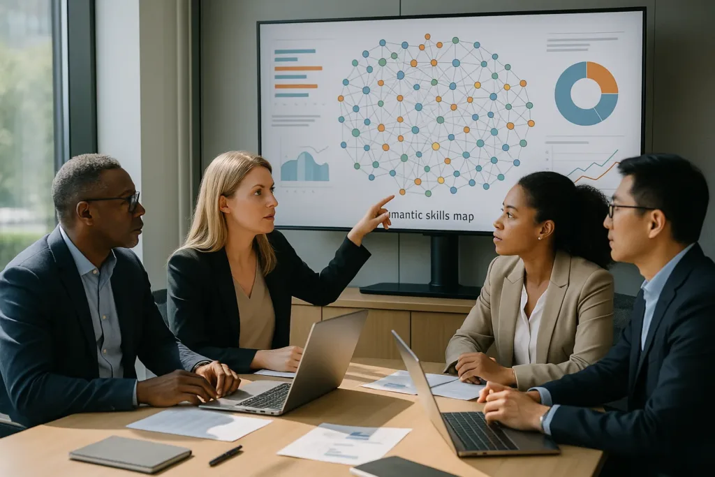 Equipe analisa mapa semântico de skills em tela corporativa